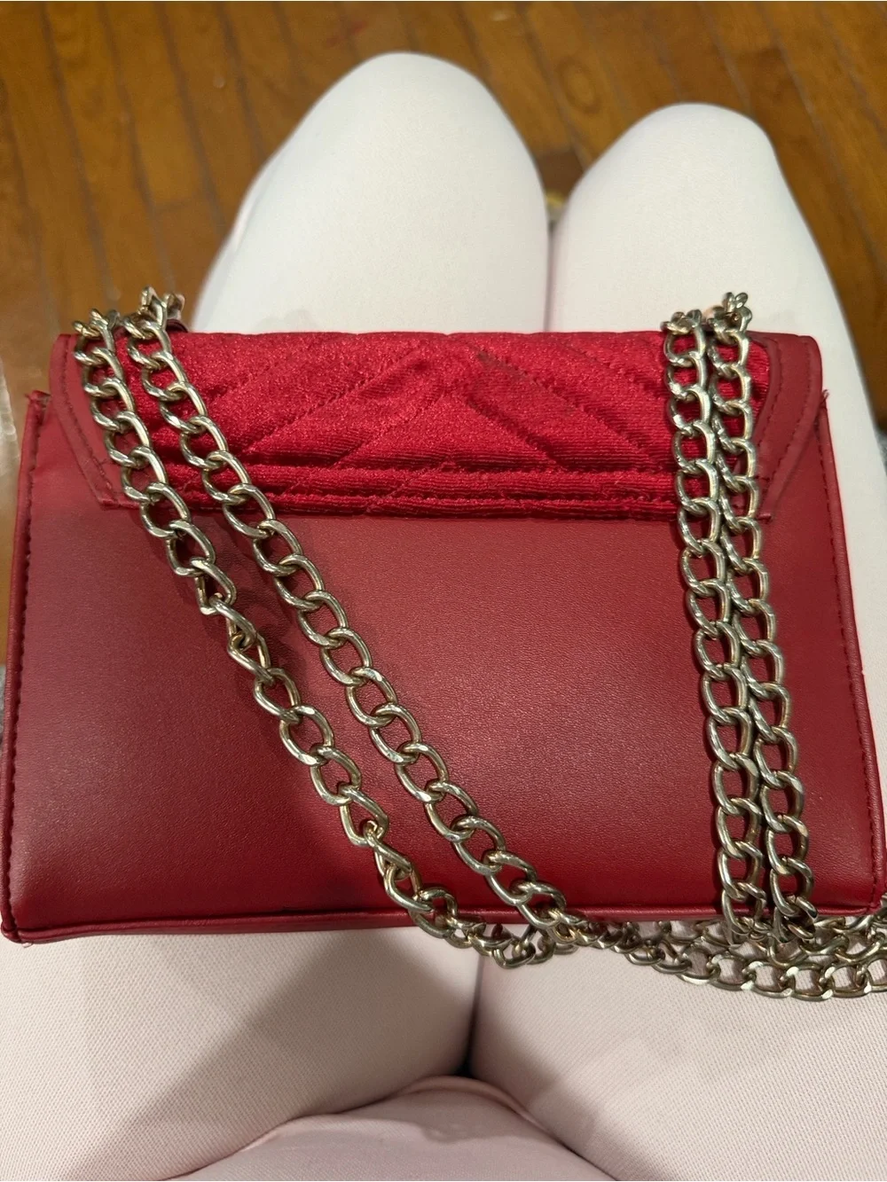 GUESS Red Quilted Velvet Crossbody with Gold Chain